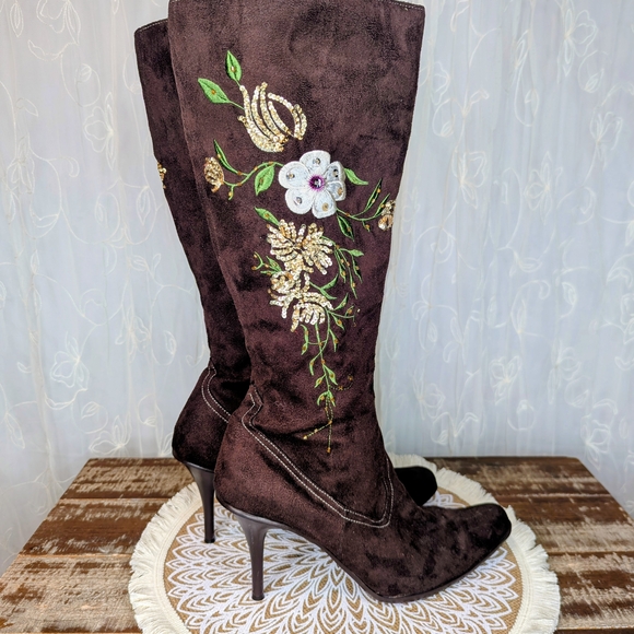 "Splash" Brown Embellished & Embroidered Floral Heeled Boots - Picture 2 of 12